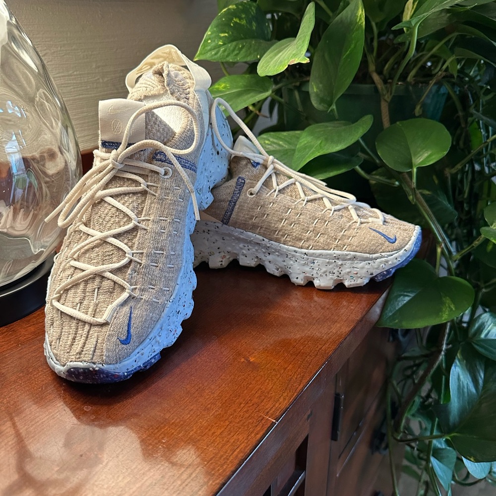 Nike Tan Knit Trail Sneakers with Blue Swoosh